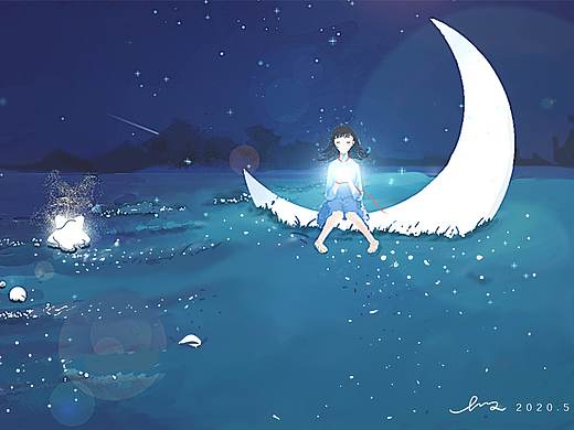 《坐在月亮上的女孩》（個人主頁-ZNDk1OTAzMjQ=） - 藝術(shù)插畫 - 站酷設(shè)計師蟈蟈殼原創(chuàng)素材 - 站酷ZCOOL