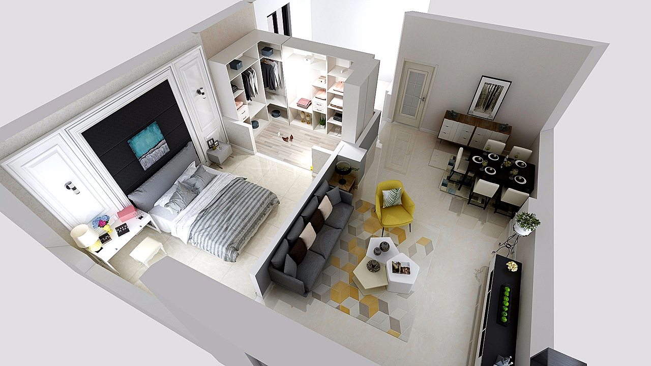 室内设计 北欧风 现代 客餐厅 主卧 步入式衣柜（图ZMTQ3NTY4OTQ0） - 家装设计 - 站酷设计师史椿椿原创素材 - 站酷ZCOOL