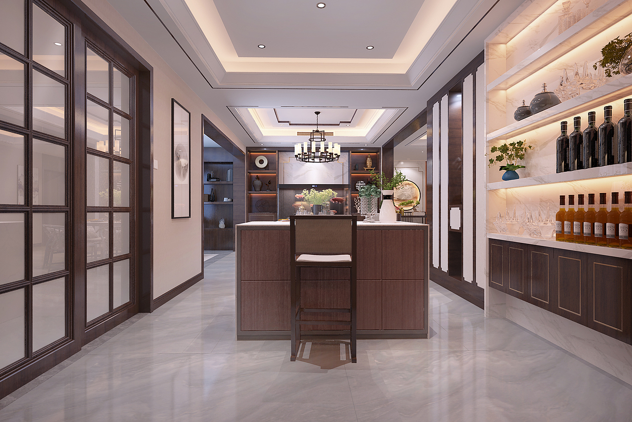 济南东岳国际300平现代中式风格装修案例—AMA国际装饰