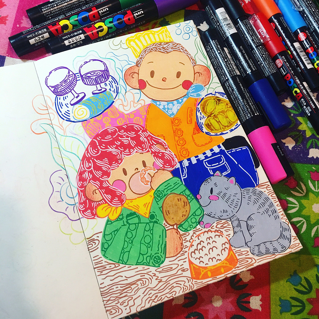 鸡翅笔下的小情侣呀<和你在一起>——丙烯马克笔装饰画