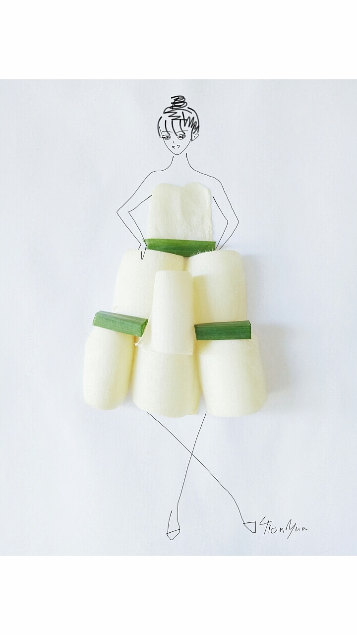 no1.蔬菜拼贴时装画——茭白和韭菜