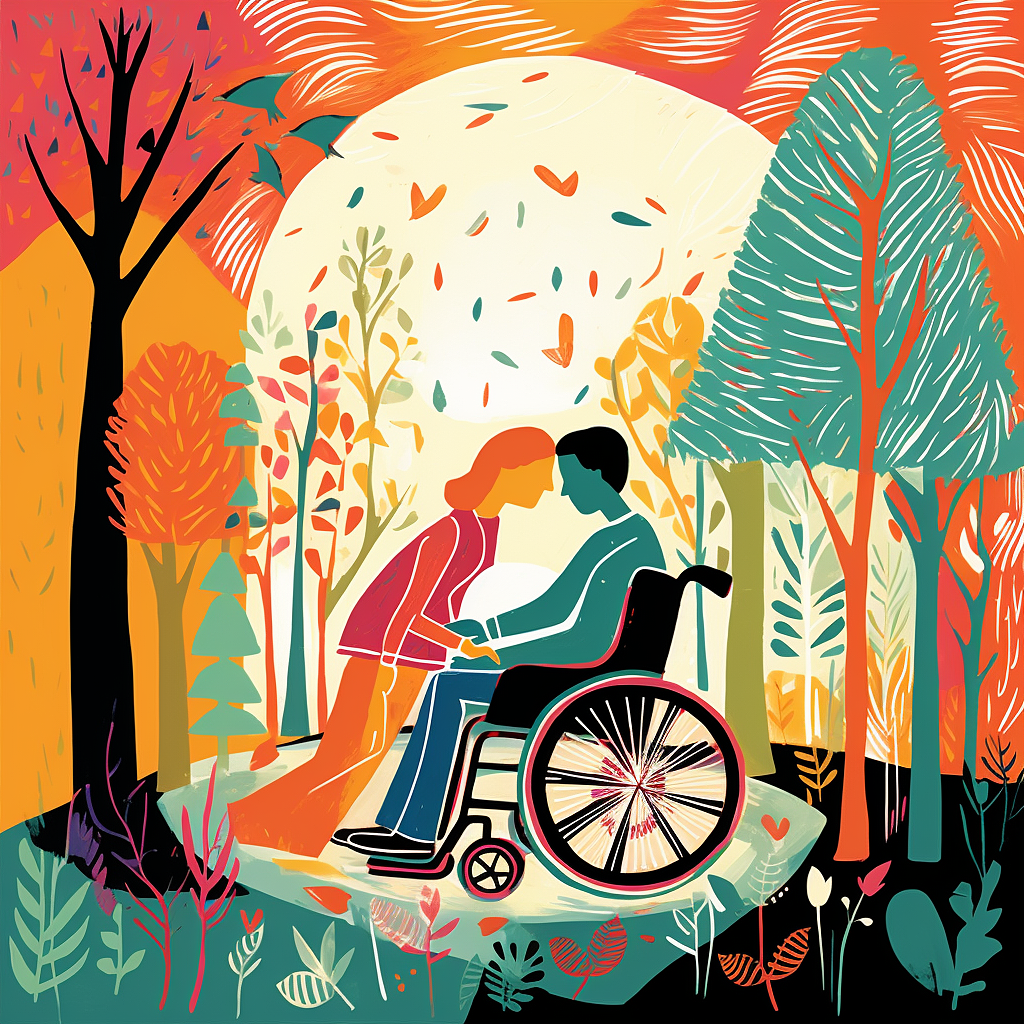 童书风格森林中轮椅情侣