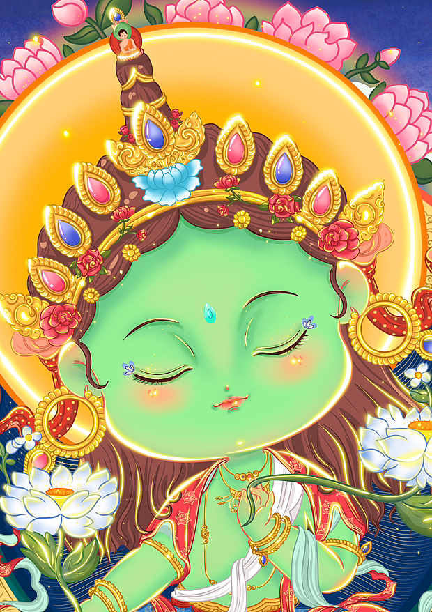 相传绿度母为观世音眼泪的化身，能够化解一切厄运！（图ZMzI3MjExMjA4） - 艺术插画 - 站酷设计师画画的乾乾原创素材 - 站酷ZCOOL