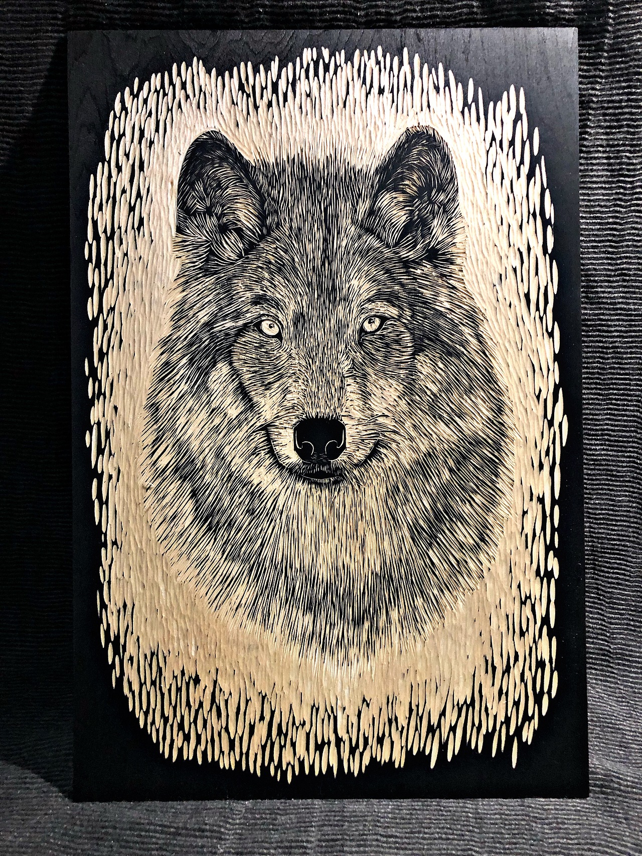 原创纯手工黑白木刻版画《狼》