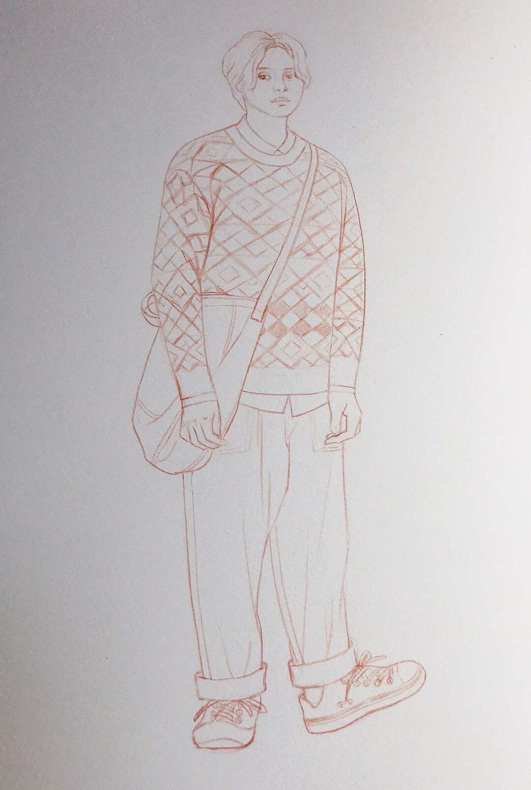 彩铅小画一幅《穿花毛衣的男孩》