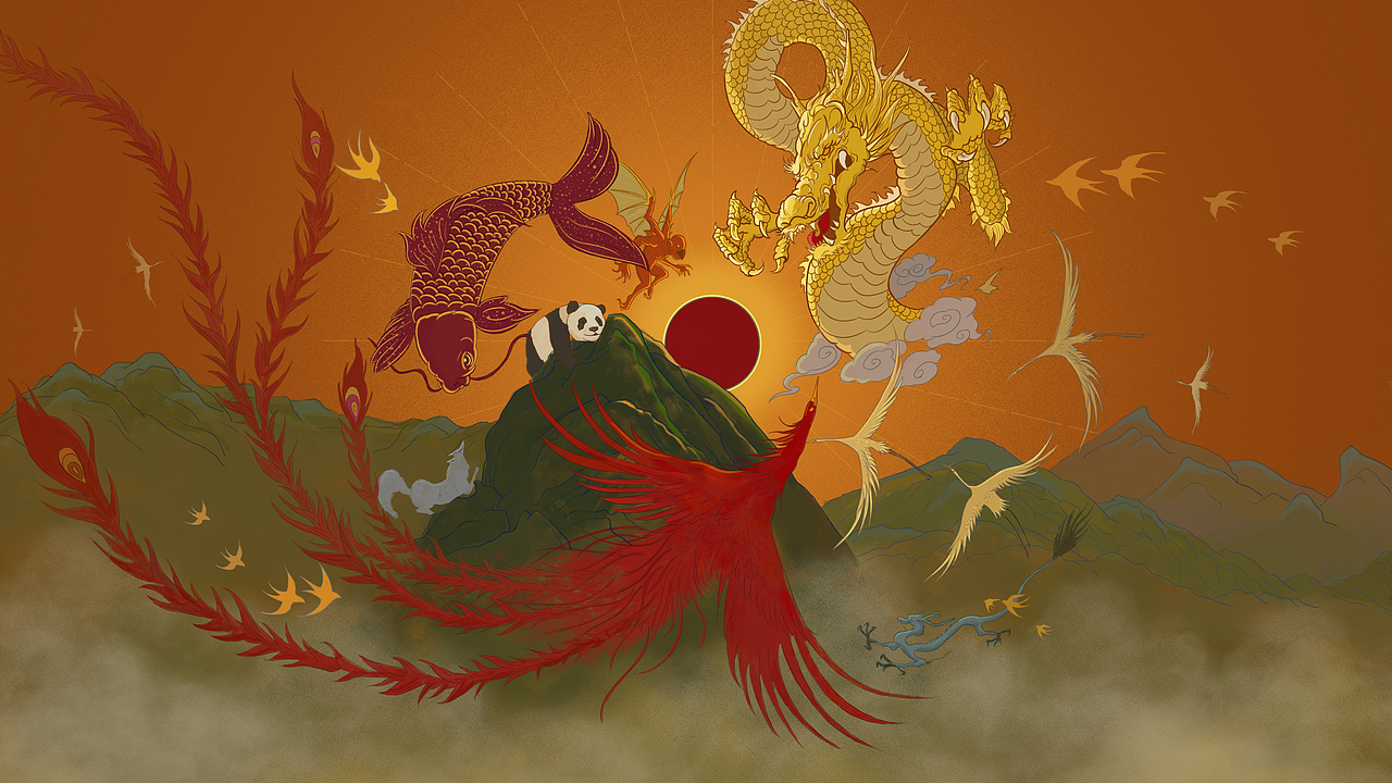 手绘作品《山澜晖图》