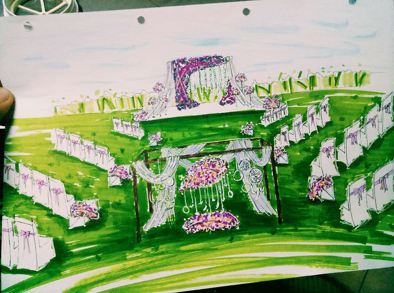 紫色草坪婚礼手绘图