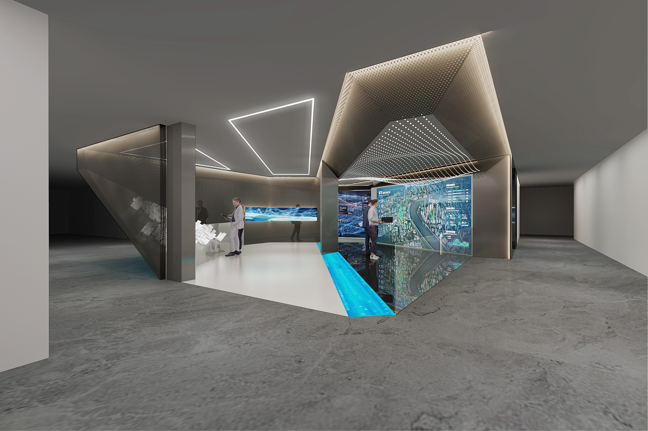 展厅大部分用金属质感来构建,大面积采用了穿孔板,空间布局多用几何