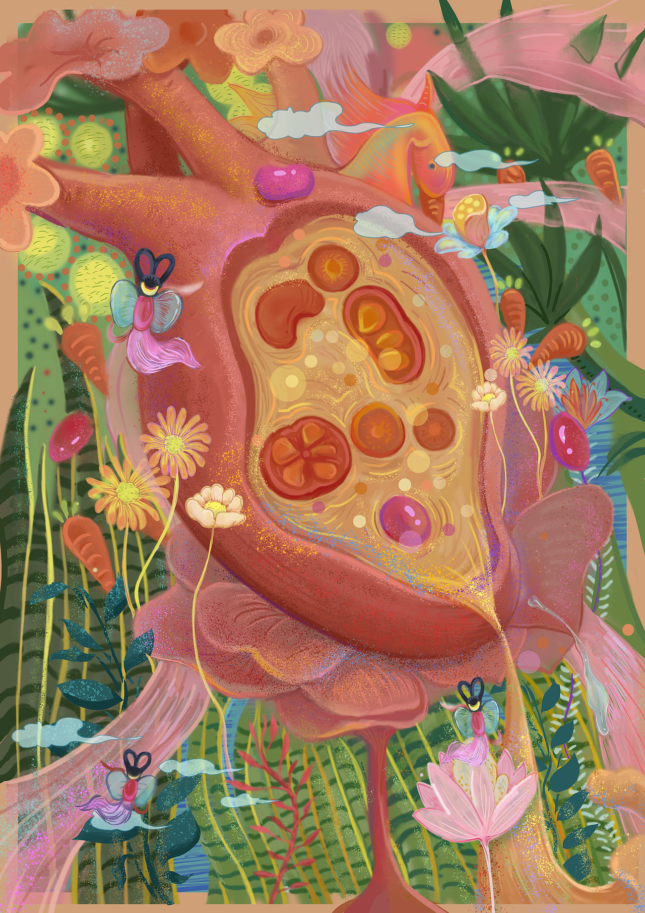 1、心:因心脏与夏气相通应,所以画面颜色以青绿为背景,主体为橙红色,表现夏之活力四射。视觉中心的心脏,结构上“心脏中间煲汤”作为设计点,表达该器官喜欢番茄汤;且画面含有西红柿、红萝卜、红豆等元素,来传达该器官喜欢红色的食物,这点在整体色彩上也有所流露。避免元素都是写实风格,所以将贯穿五张设计作品的“豆类”元素设计成“仙女”的形象,拟人化,亲切可爱,贴近主题。