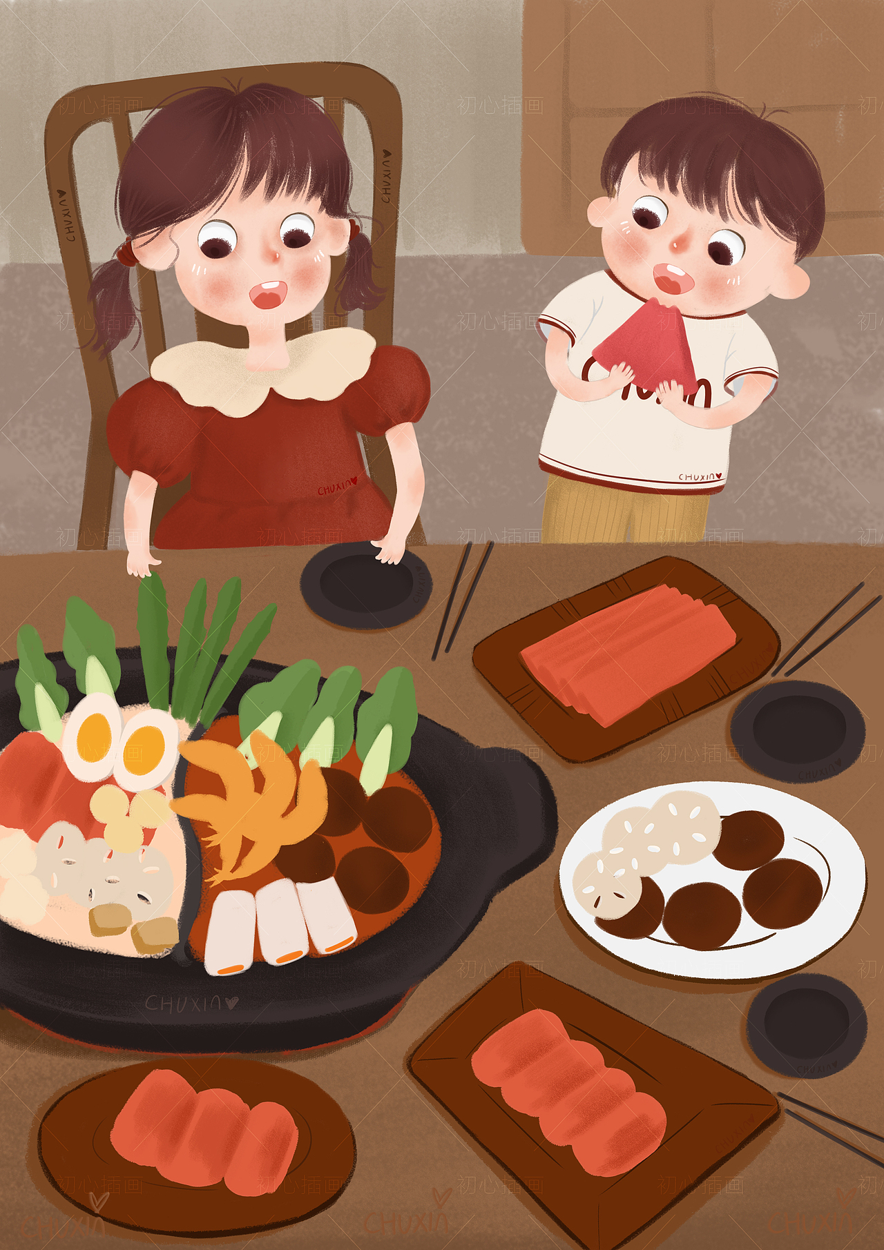 儿童插画 —我们一起吃火锅 美食商业插画
