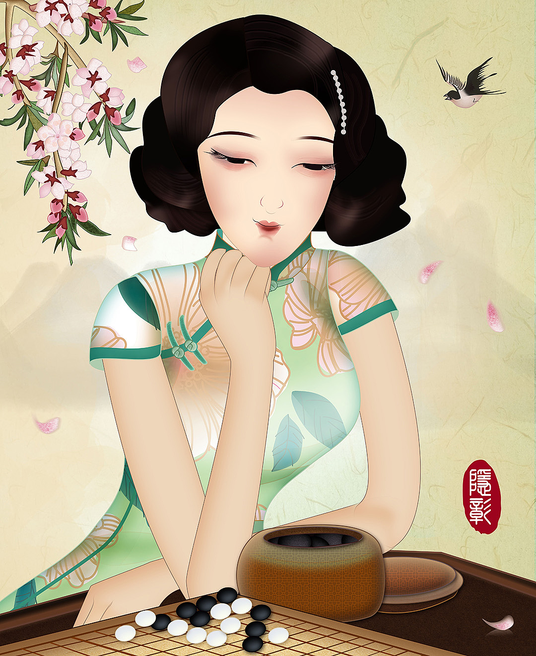 桃花桃枝花瓣飘落燕子《琴棋书画》下棋美人