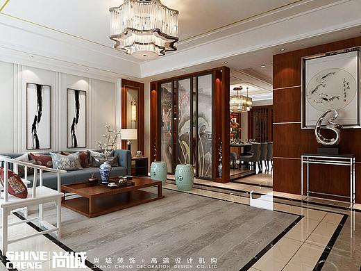 泰安国悦府300平别墅新中式客餐厅装修效果赏析