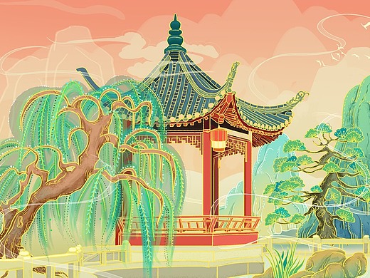 国潮插画练习【01】-湖边亭子