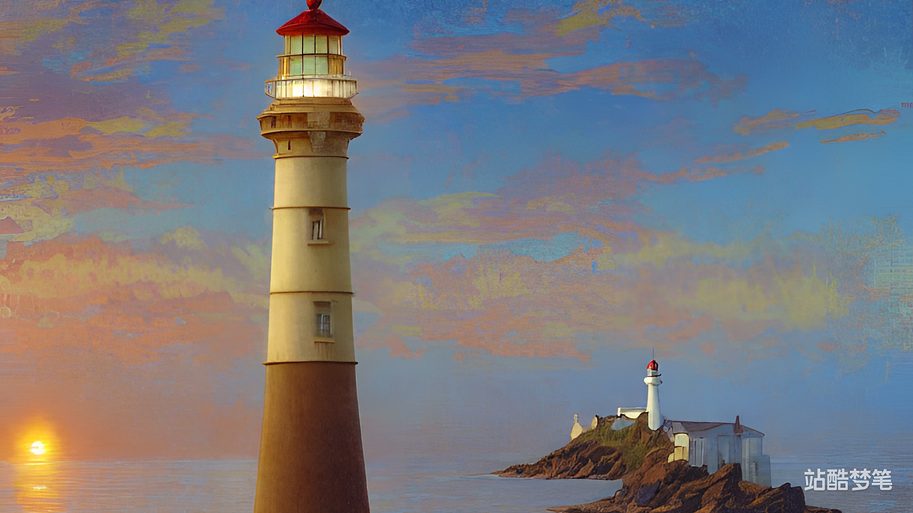#站酷梦笔#夕阳下的灯塔,阿尔丰斯·穆夏作品,艺术,