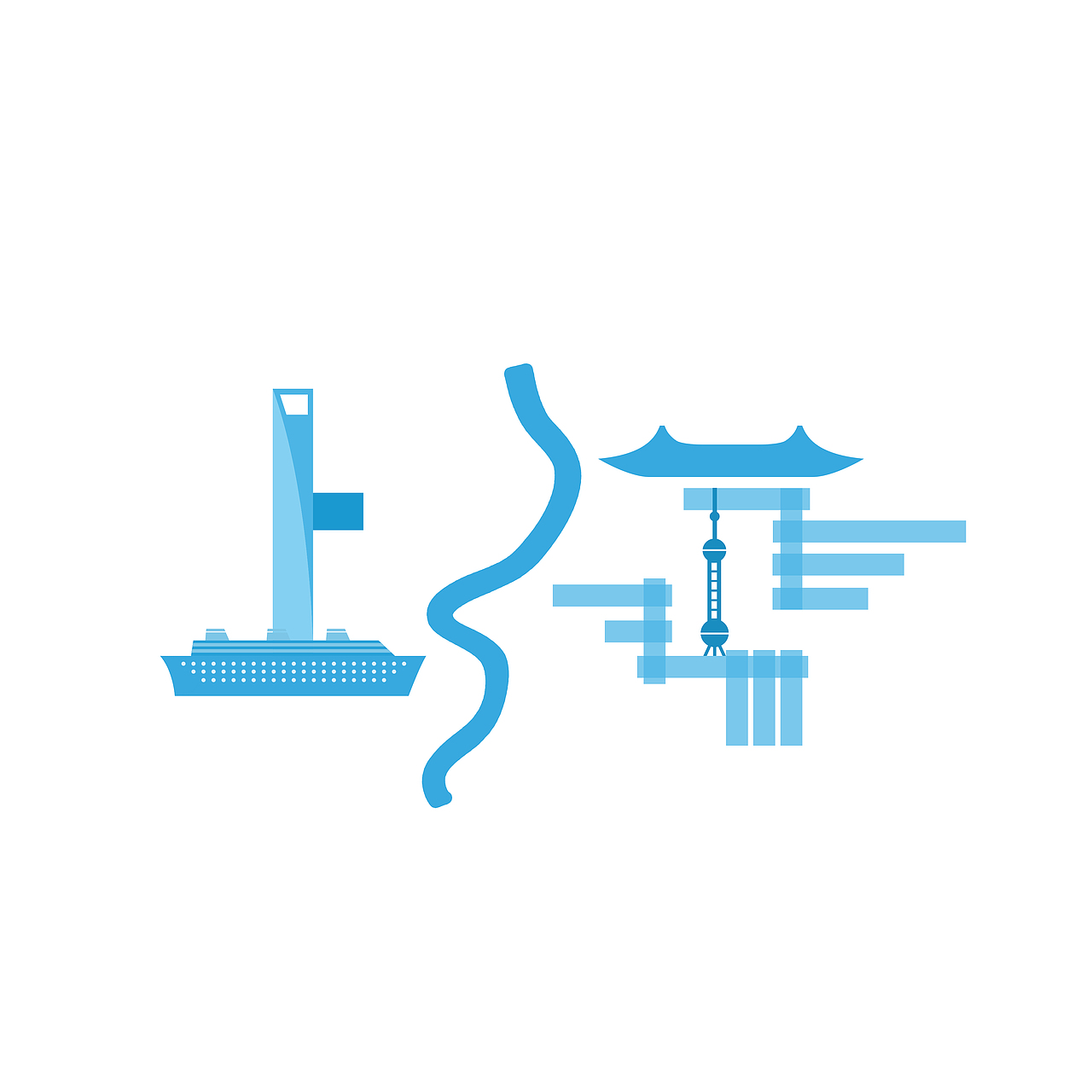 【上海】主要元素:环球金融中心,游轮,黄浦江,屋檐,东方明珠,世博会