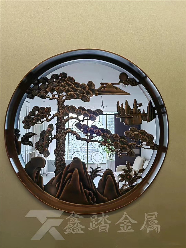 迎客松古铜浮雕壁画 圆形山水隔断这样装