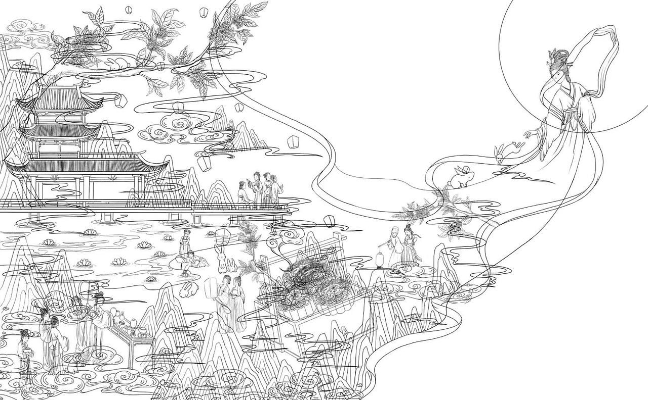 中秋主题国潮插画《月夜花灯》