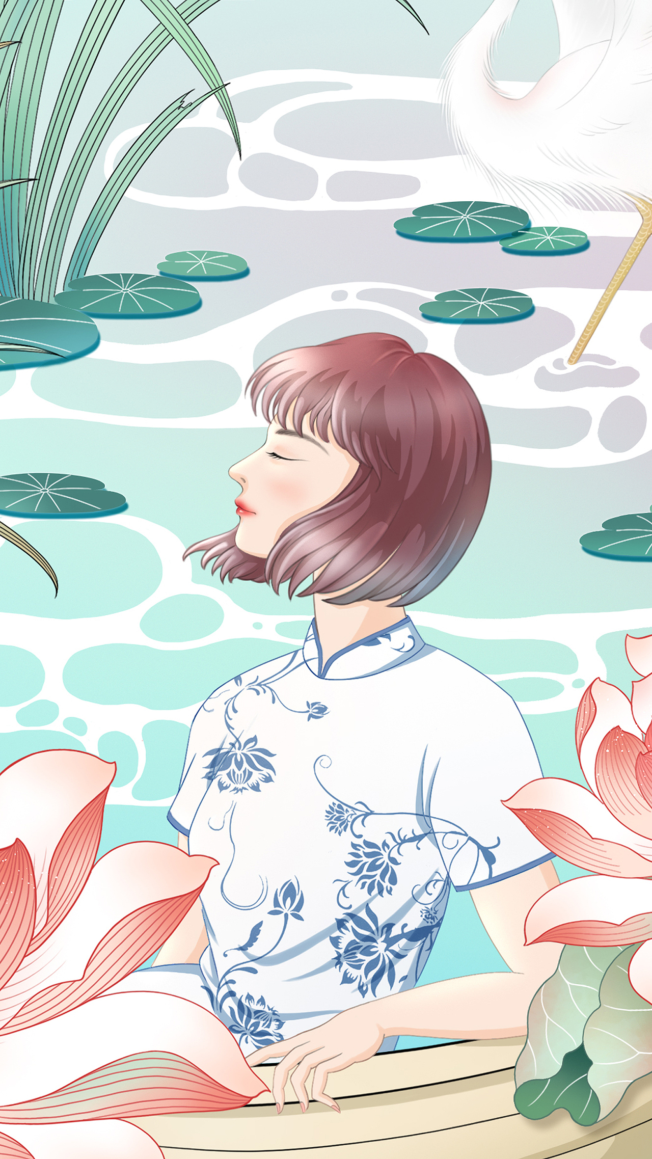 泛舟荷塘的少女