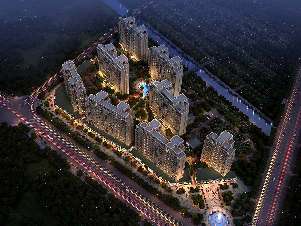 室外鸟瞰透视夜景