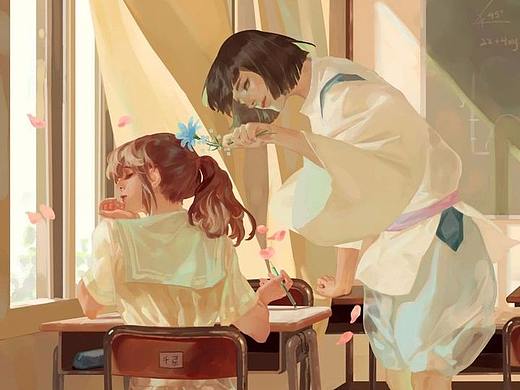 圣洁唯美的插画作品,熟练运用暖色调画出神圣庄严的感觉