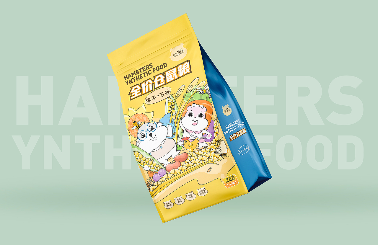 手绘卡通风格宠物粮包装袋设计