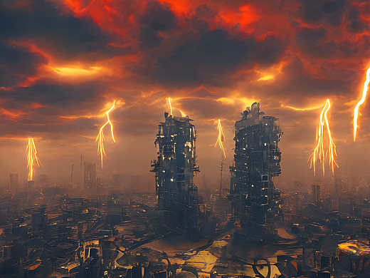 #AI创作实验室#蘑菇云的高层建筑,天空有橘红色的闪电