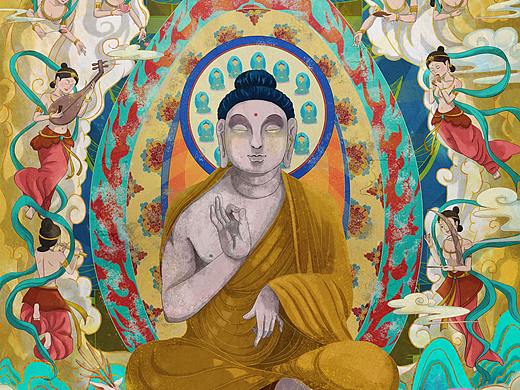 插画 | 阿弥陀经敦煌飞天壁画拜佛图