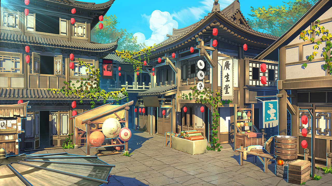 中式街道—秋景|插画|游戏原画|行之lv_原创作品-站酷zcool