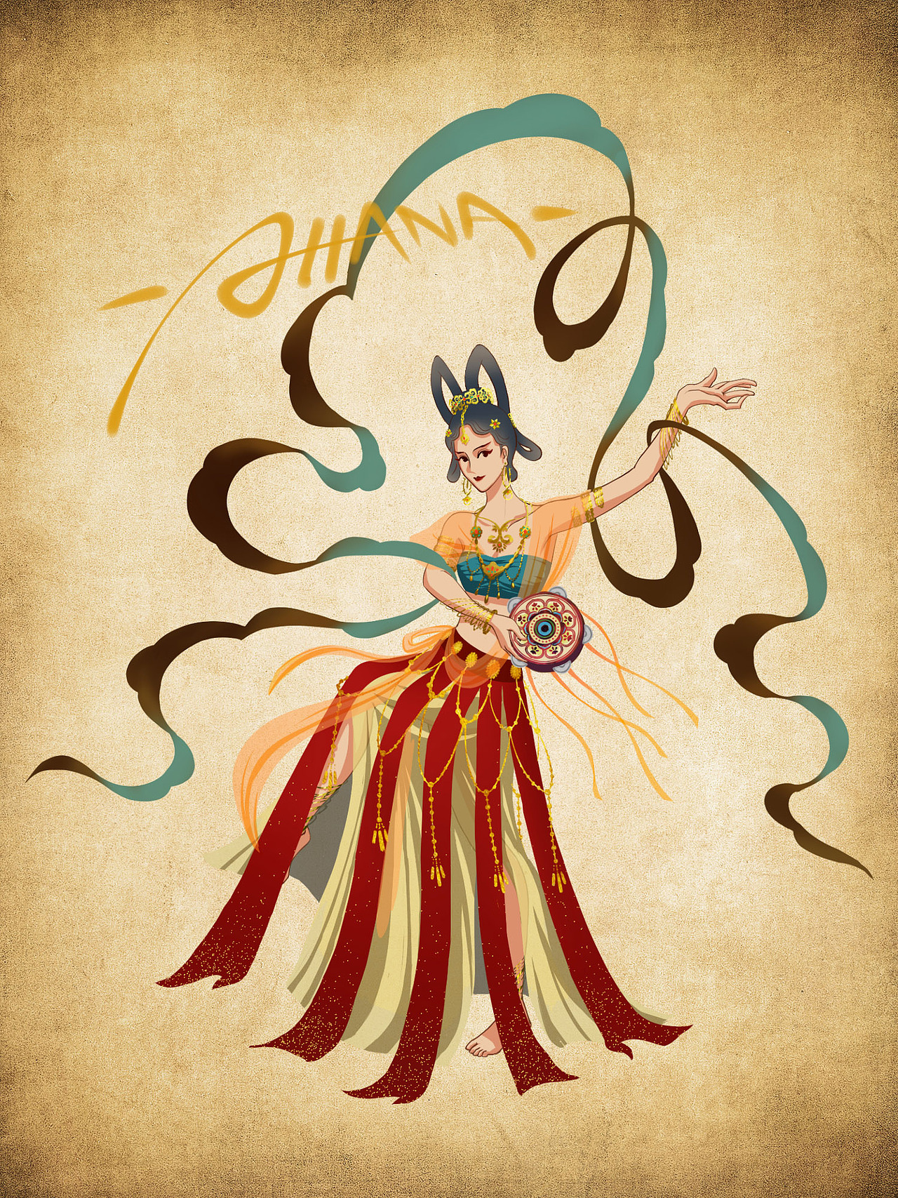 来自《飞天乐舞》的敦煌舞蹈,使用飘带鼓的舞姿造型 (～o~▽~)～o ~.