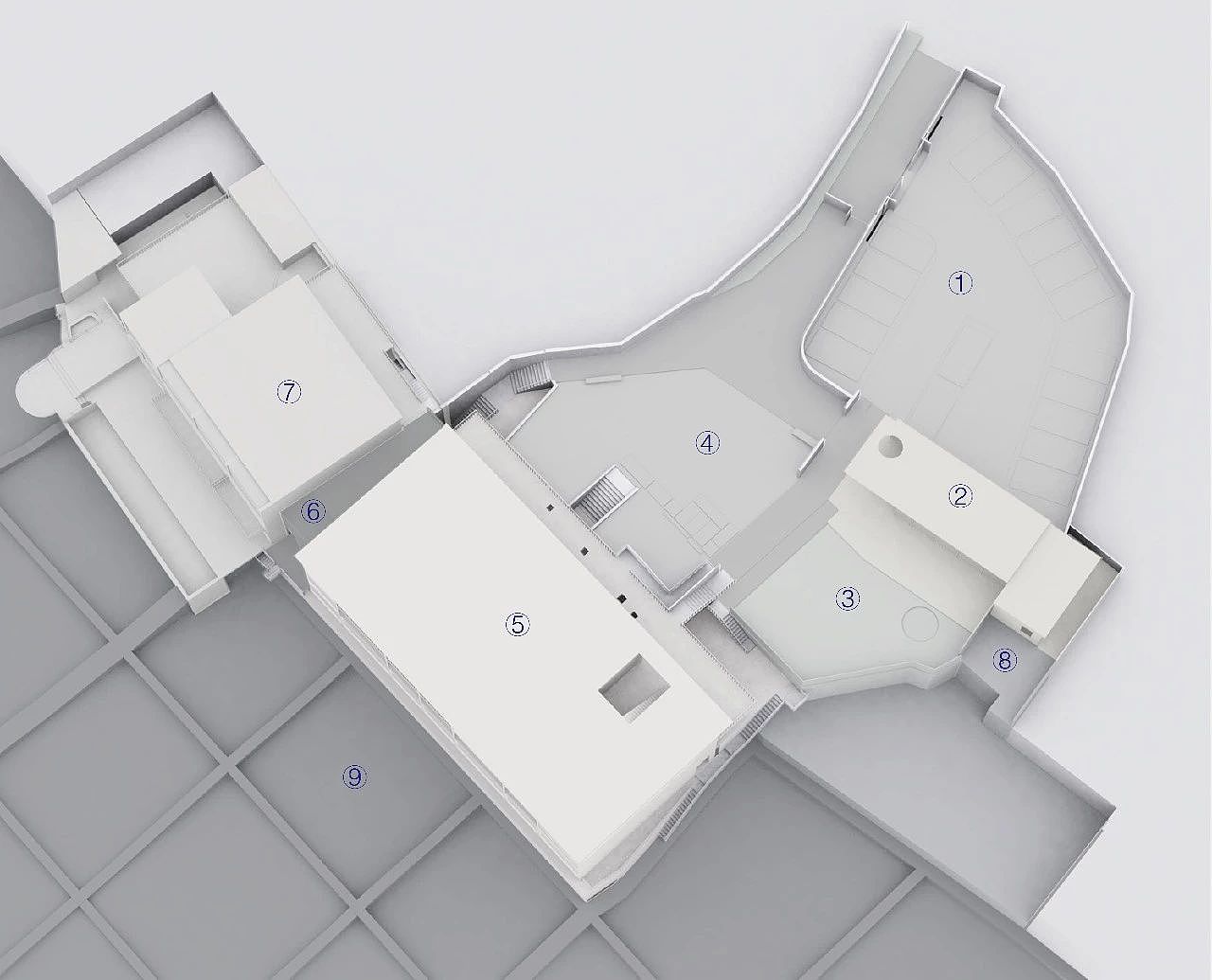 ①停车场 ②接待大厅 ③景观庭院部分(儿童游玩区)④景观庭院部分(草坪区)⑤北楼 ⑥公共区域 ⑦南楼 ⑧设备平台 ⑨鲍鱼池
<br>在设计过程中建筑,室内与周边环境的融合与碰撞将是整个项目设计的核心,如何抓住让人能记得住的场所焦点,在室内空间中营造不同的看海方式和互动性,响应周边环境变化而发生的空间演变才是最有魅力的,每个房间都预留可以打开的窗户,<br>海风才是跟大海最直接的接触,<br>在空间细节设计上强化设计的方式与细部构成。