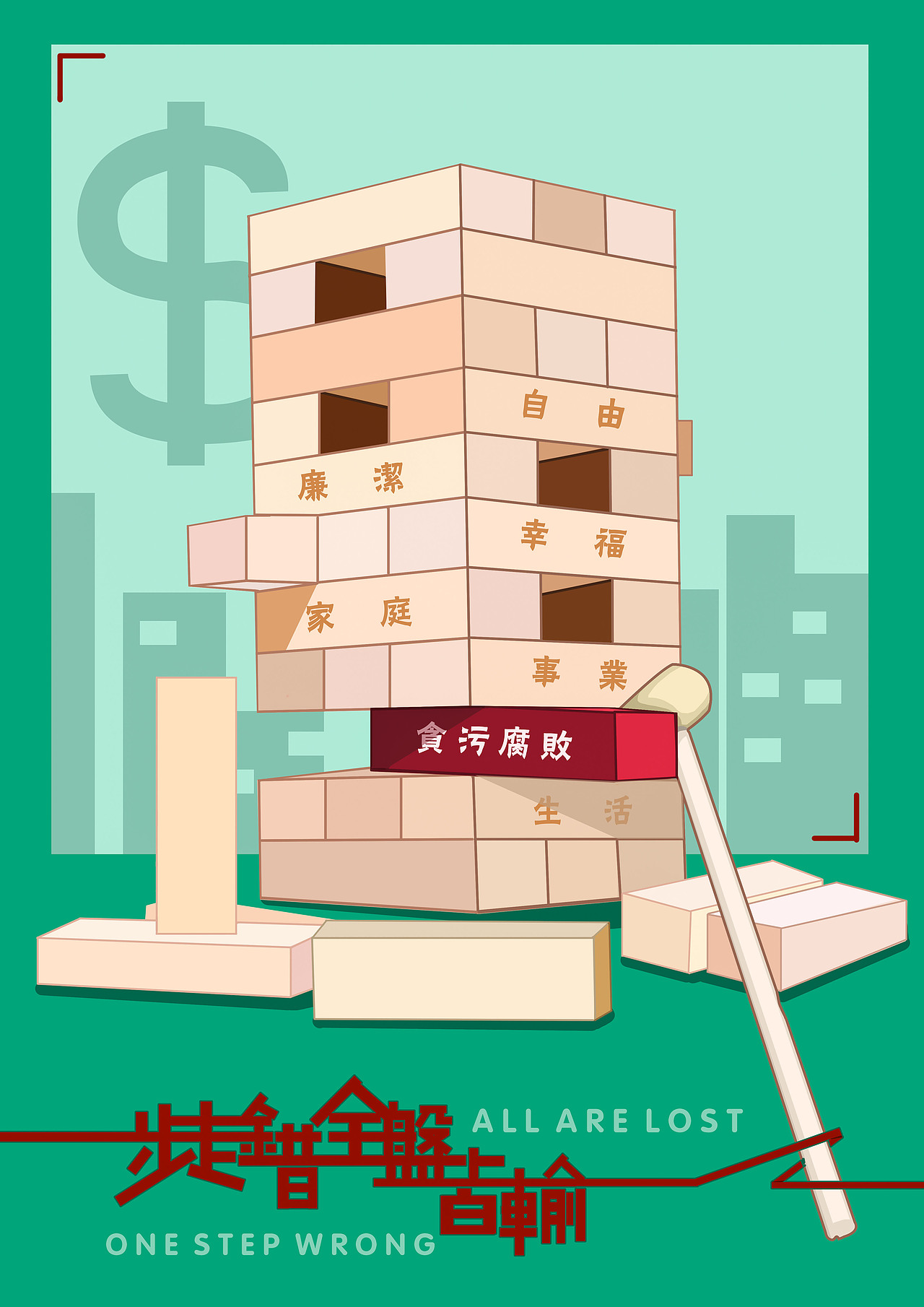 《一步走错全盘皆输》 br>这幅海报讲的是廉洁政务发贪污反腐败.