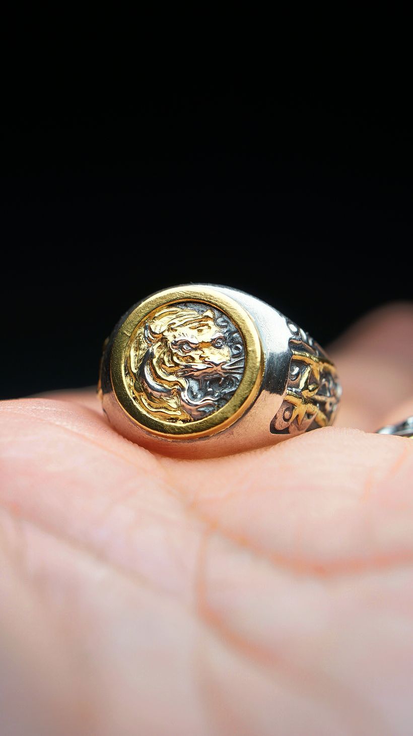 【虎啸山林】纯银包金戒指