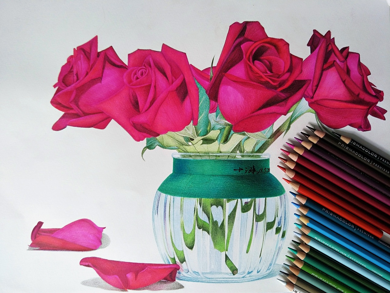 玫瑰月季彩铅画玻璃花瓶插花