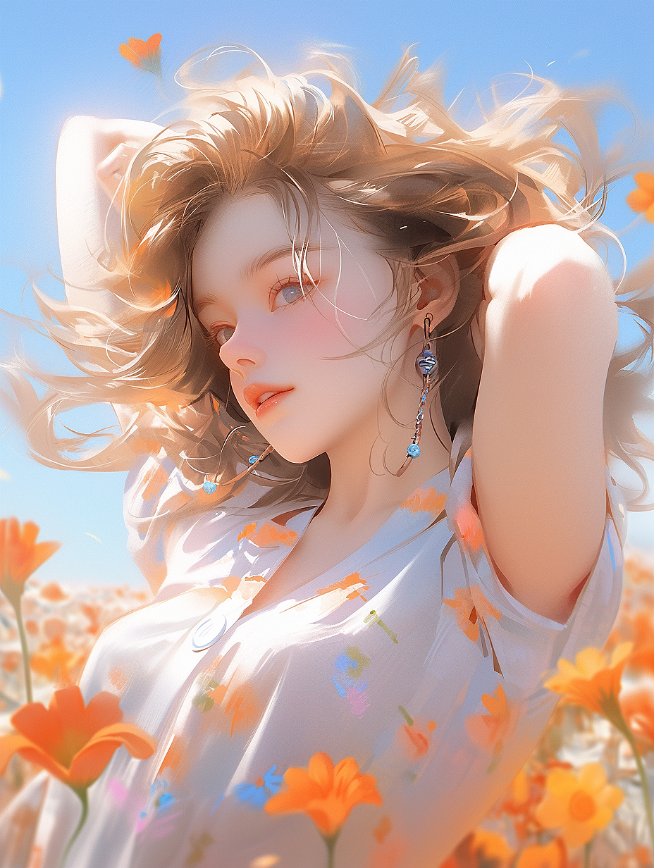 Midjourney 人像|夏日少女 沉浸在花海里