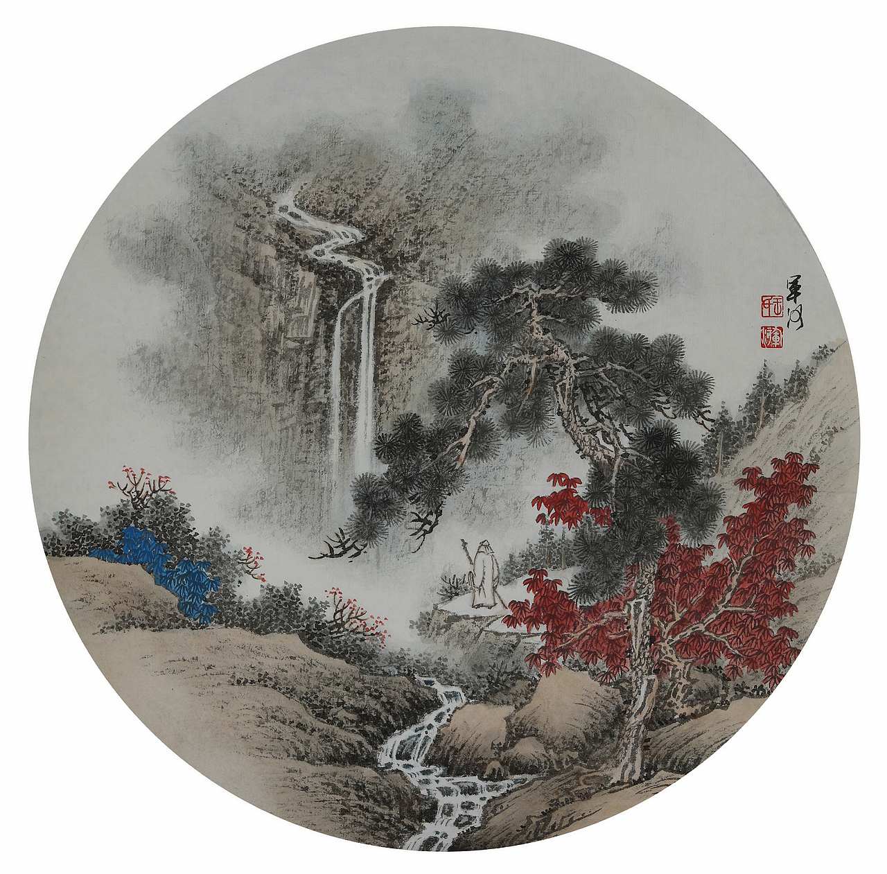 国画山水团扇青绿山水画家王军河作品