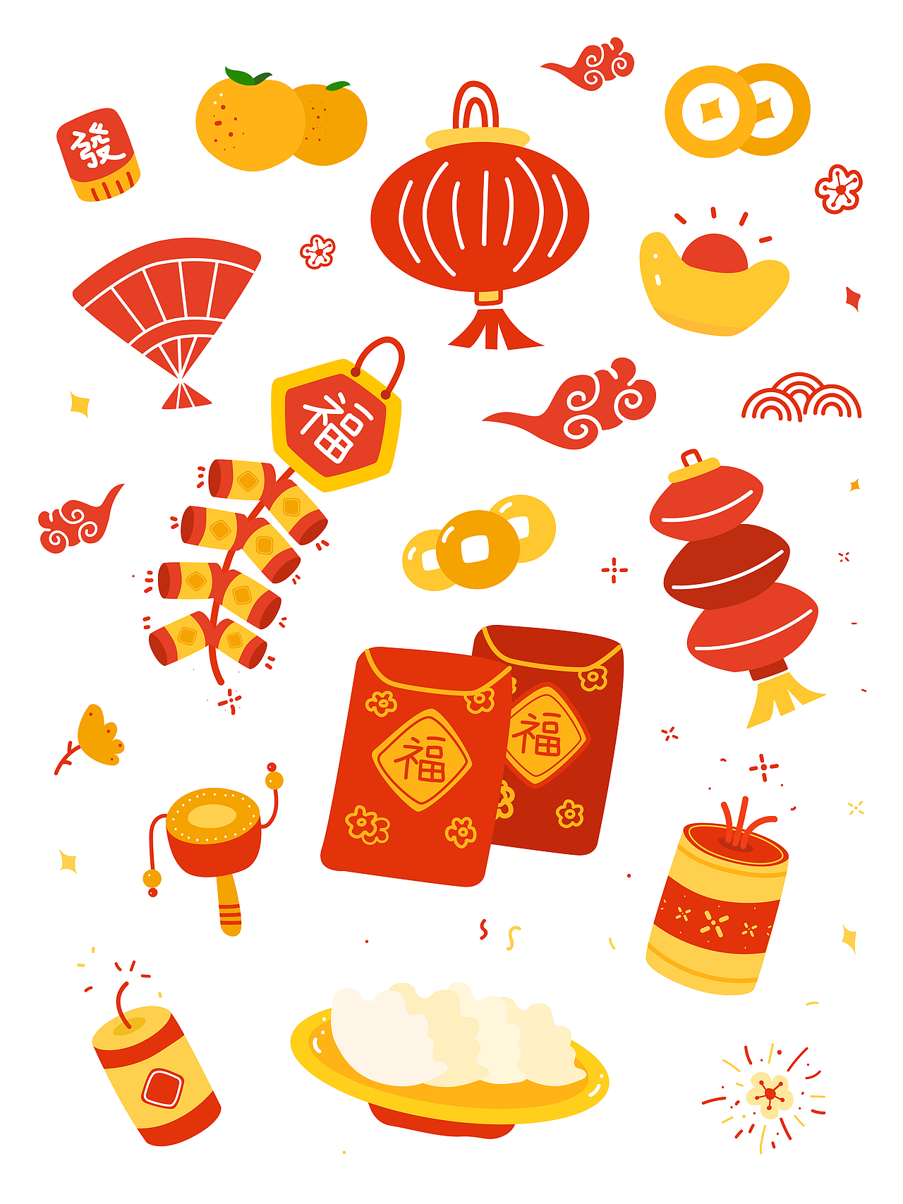 扁平涂鸦风插画-新年春节氛围元素手绘元素