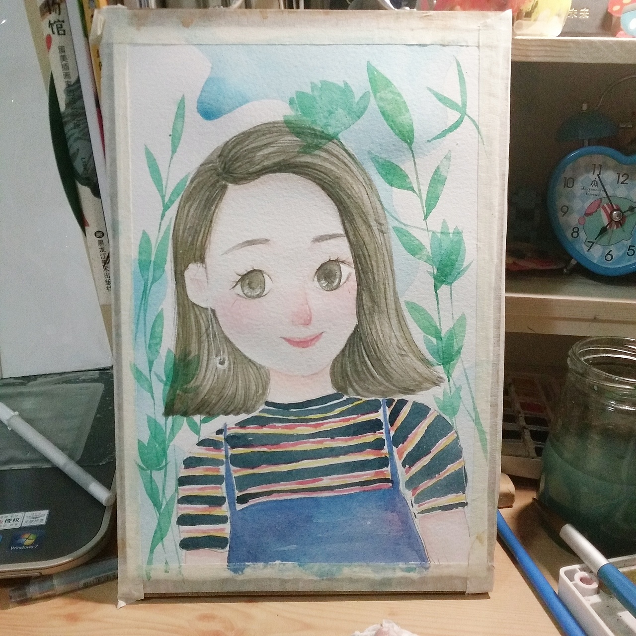 短发女孩水彩过程