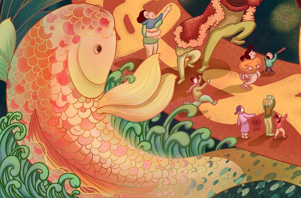 新年插画《联莲有鱼,牛年大吉》