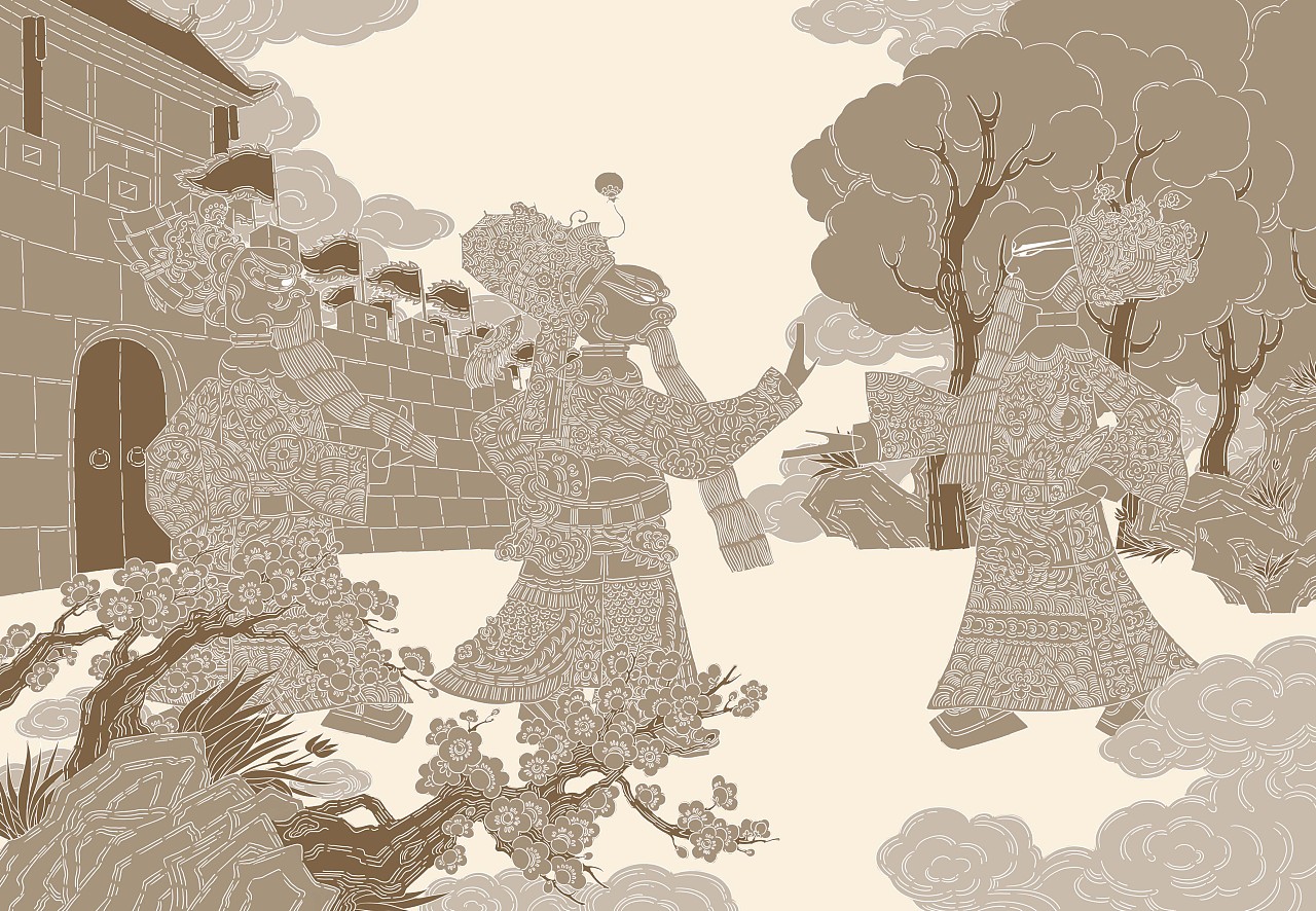 为成都博物馆做的两幅皮影戏主题插画 三国古城会 西游记三借芭蕉扇