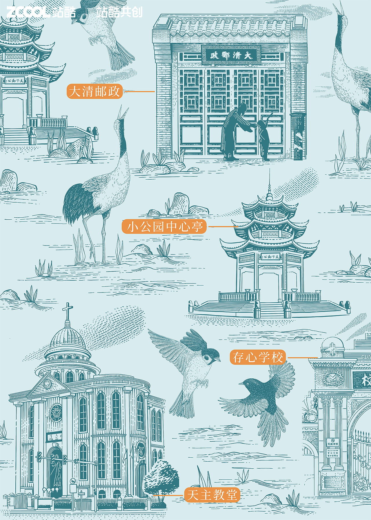 汕头城市印象——版画风格插画