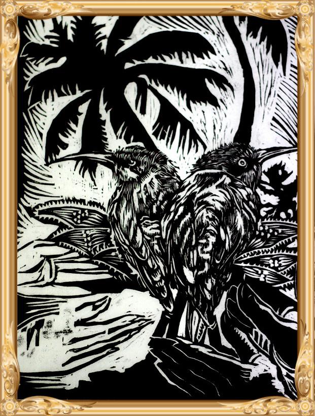 图中鸟代表动物的整体,人物的两只手代表人类,背景的椰子树则代表植物
