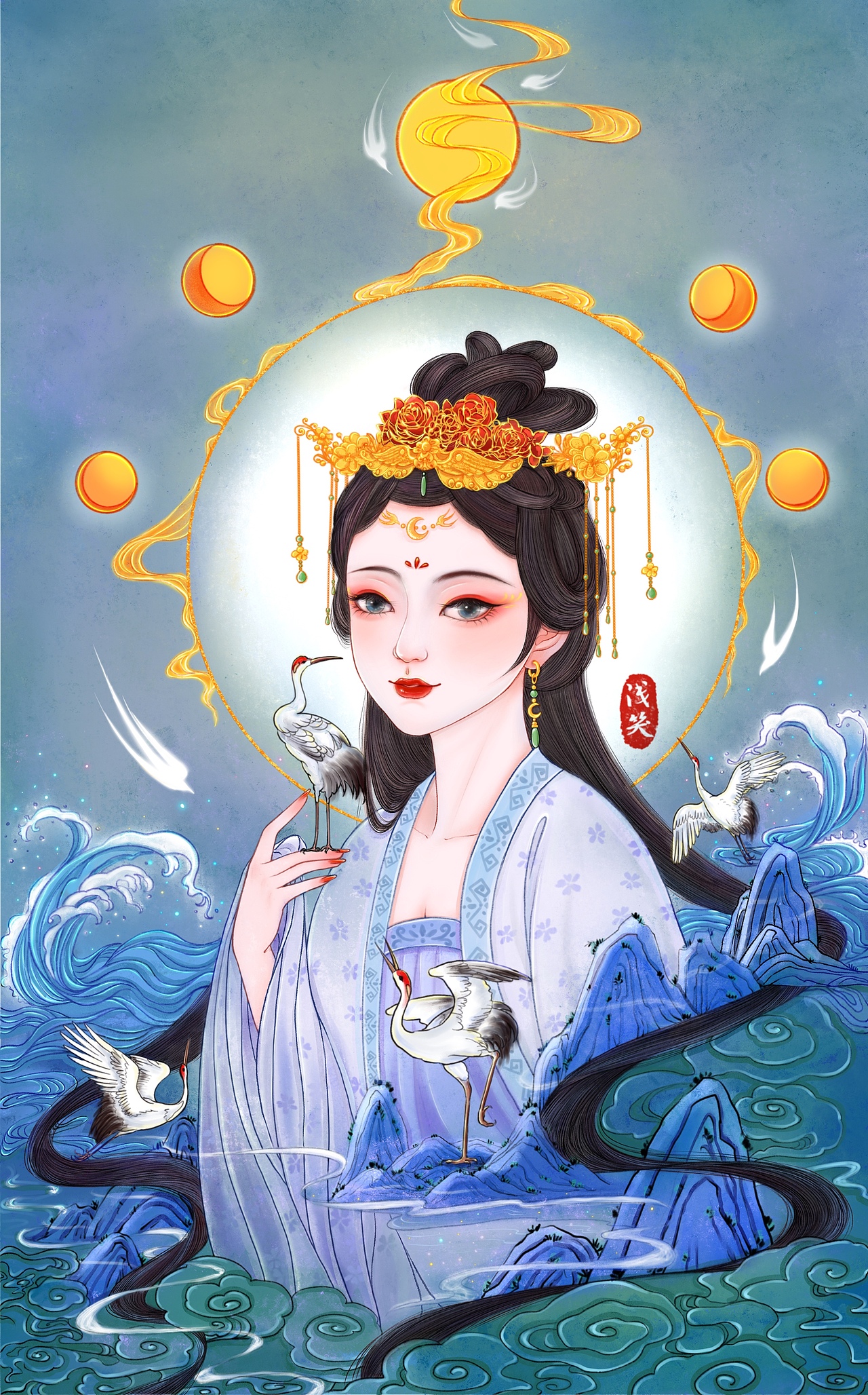 原创古风插画《语鹤》