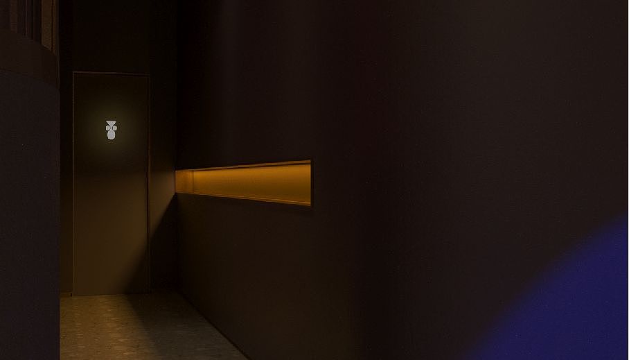 通往卫生间的必经之路上,一条发光的凹槽在整个昏暗走廊区域中尤其醒目,配上幽暗的灯光也让环境更有情调。