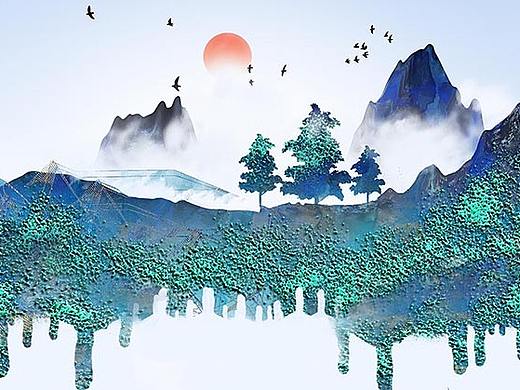 蓝色意境山水画