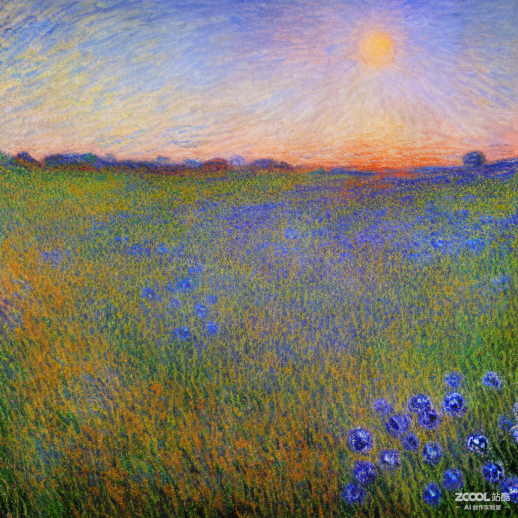 #AI创作实验室#阳光，蓝色繁花草甸，风（图ZMzE5NzU2MTA4） - AI作品 - 站酷设计师Ainnnnnnnnn原创素材 - 站酷ZCOOL