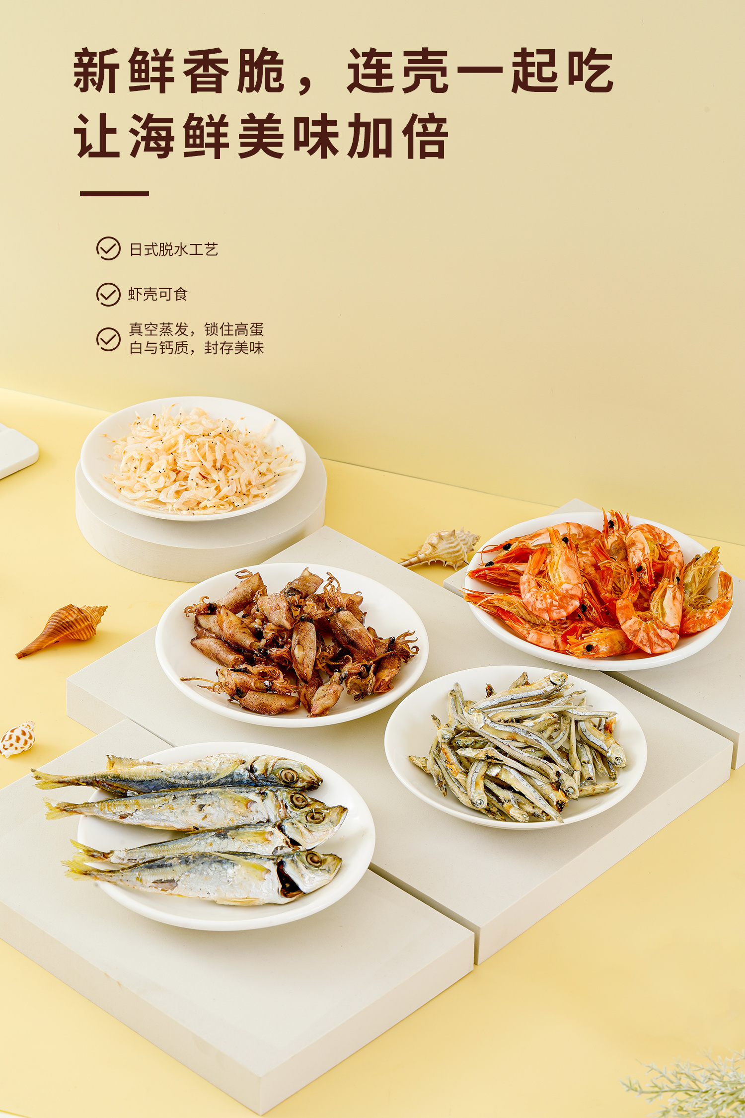 美味鱼干海鲜天然美味虾干生鲜食品冻品冻干产品展示