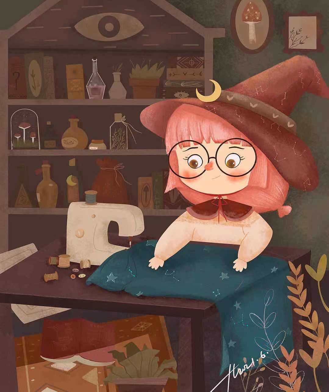 缝衣服的小女孩[nmw爱慕]|插画|儿童插画|插画十七_临摹作品-站酷