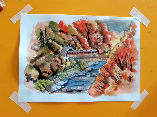 水彩画开往秋天的列车