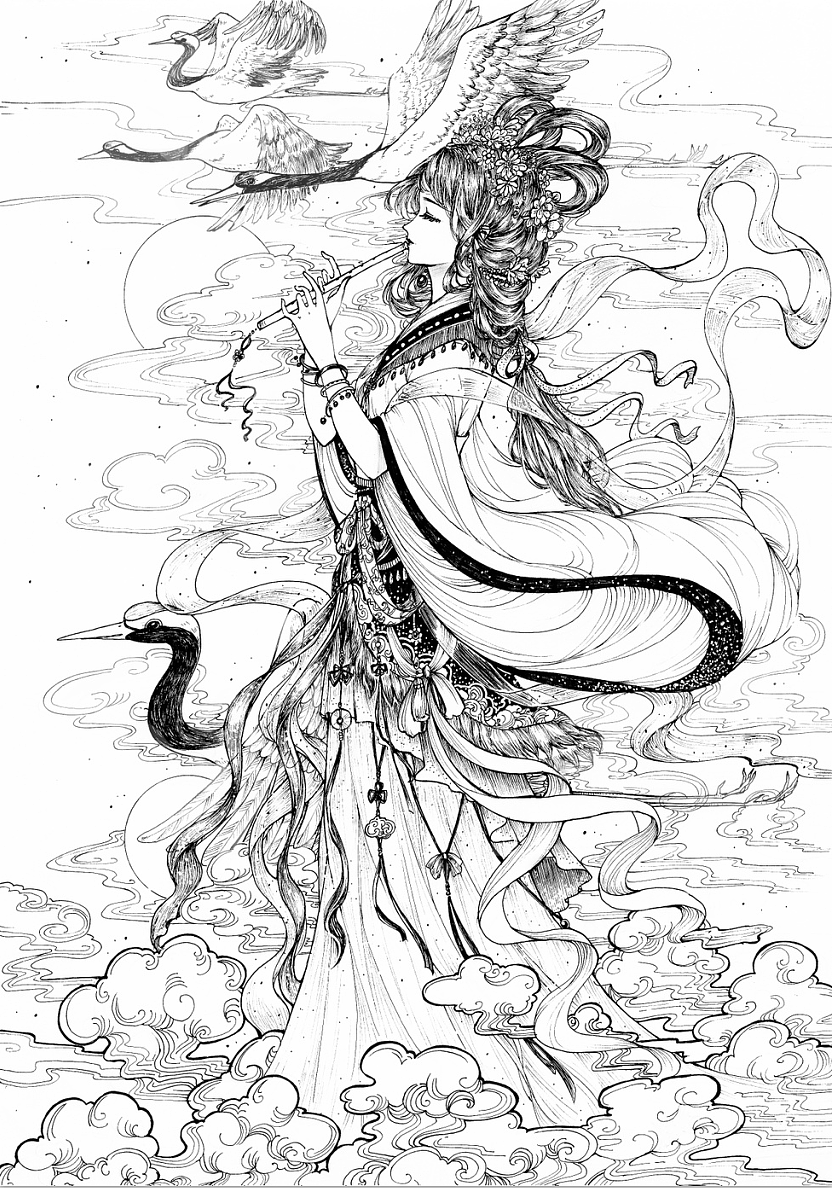 唯美古风黑白插画_欧洲大米omiz-站酷zcool