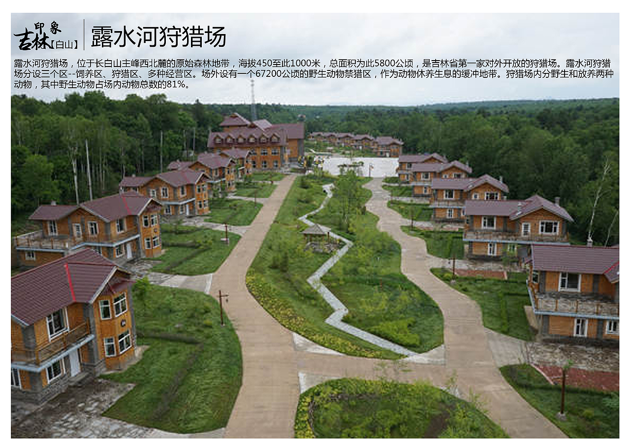 露水河狩猎场,位于长白山主峰西北麓的原始森林地带,海拔450至此1000米,总面积为此5800公顷,是吉林省第一家对外开放的狩猎场。露水河狩猎场分设三个区--饲养区、狩猎区、多种经营区。场外设有一个67200公顷的野生动物禁猎区,作为动物休养生息的缓冲地带。狩猎场内分野生和放养两种动物,其中野生动物占场内动物总数的81%。